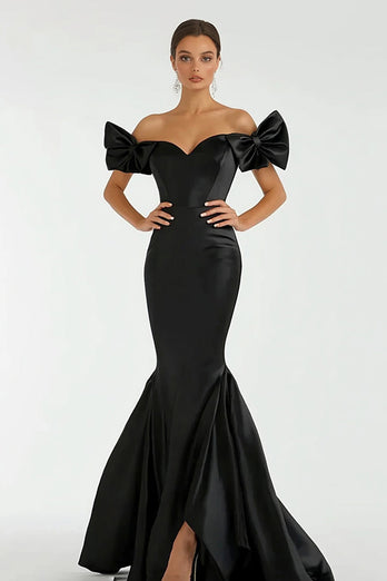 Black Satin Off the Shoulder Mermaid Long Prom Dress with Bows