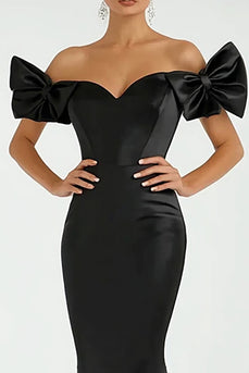 Black Satin Off the Shoulder Mermaid Long Prom Dress with Bows