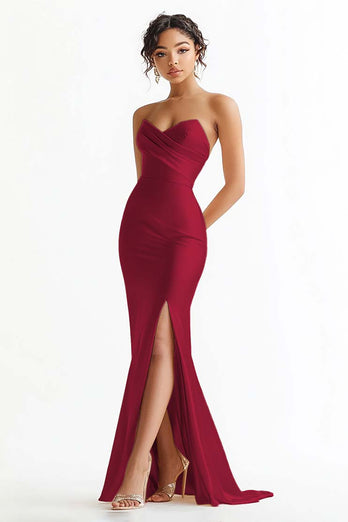 Burgundy Satin Sweetheart Mermaid Ruched Long Prom Dress with Slit