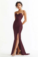 Load image into Gallery viewer, Burgundy Satin Sweetheart Mermaid Ruched Long Prom Dress with Slit