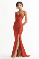 Load image into Gallery viewer, Burgundy Satin Sweetheart Mermaid Ruched Long Prom Dress with Slit