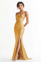 Load image into Gallery viewer, Burgundy Satin Sweetheart Mermaid Ruched Long Prom Dress with Slit