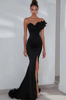 Load image into Gallery viewer, Black Mermaid Asymmetrical Long Prom Dress with Slit