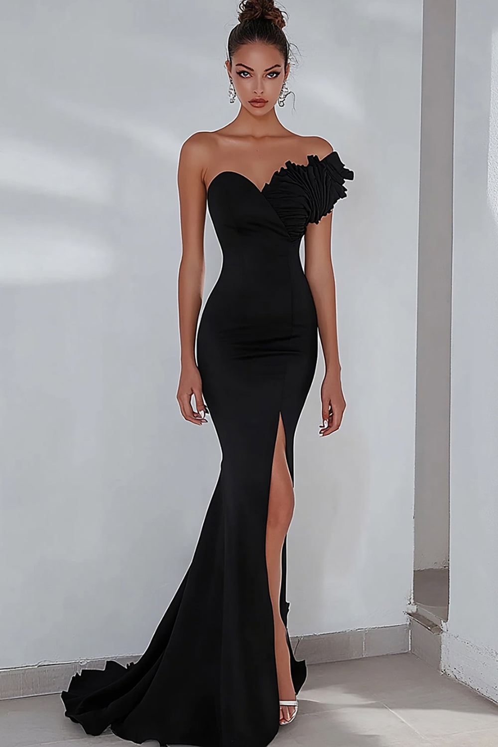 Black Mermaid Asymmetrical Long Prom Dress with Slit