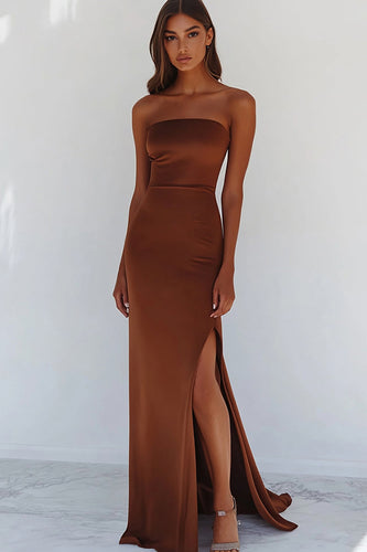 Terracotta Sheath Strapless Long Prom Dress with Slit
