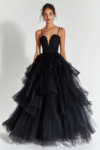 Sparkly Black Beaded Tulle Ball Gown Long Prom Dress with Ruffles
