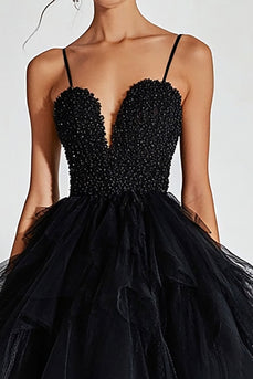 Sparkly Black Beaded Tulle Ball Gown Long Prom Dress with Ruffles