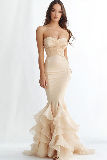 Champagne Satin Ruched Mermaid Long Prom Dress with Ruffles