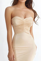 Load image into Gallery viewer, Champagne Satin Ruched Mermaid Long Prom Dress with Ruffles