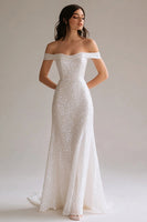 Load image into Gallery viewer, Sparkly White Sequin Sheath Off the Shoulder Long Prom Dress
