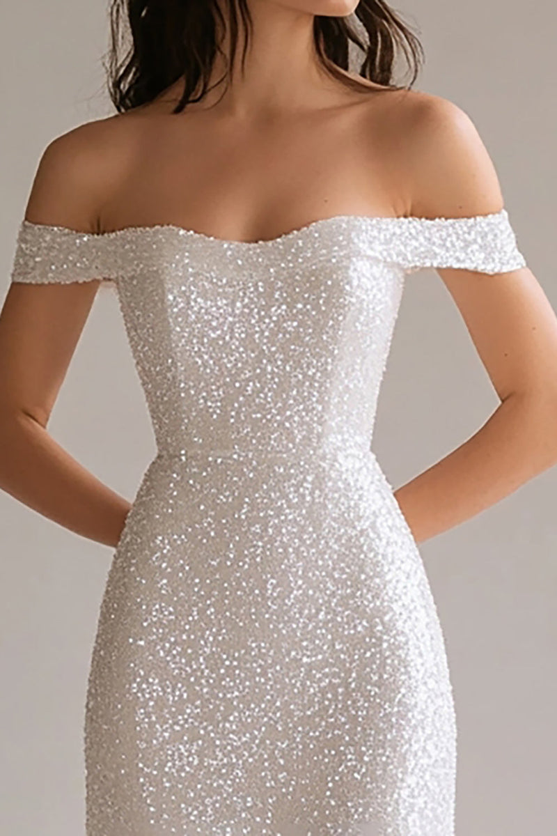 Load image into Gallery viewer, Sparkly White Sequin Sheath Off the Shoulder Long Prom Dress