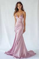 Load image into Gallery viewer, Pink Satin Mermaid Spaghetti Straps Long Prom Dress