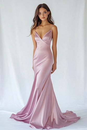 Pink Satin Mermaid Spaghetti Straps Long Prom Dress