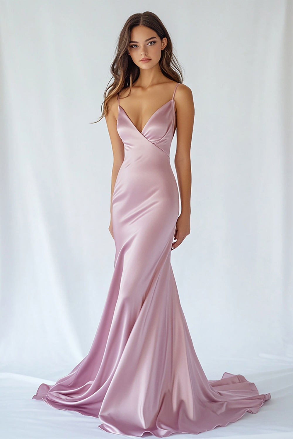 Pink Satin Mermaid Spaghetti Straps Long Prom Dress