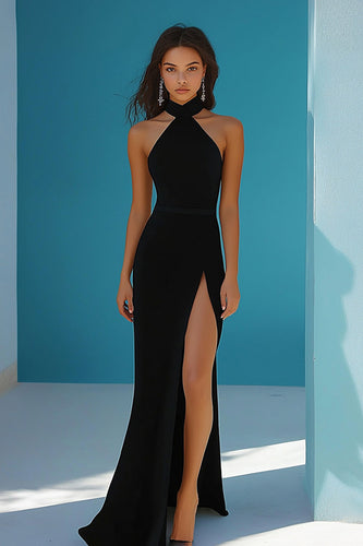 Black Sheath High Neck Long Prom Dress with Slit