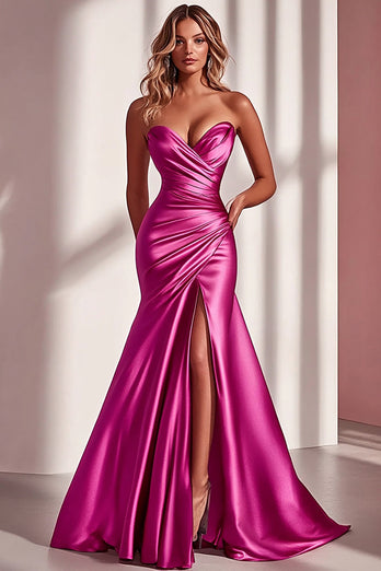 Fuchsia Satin Sweetheart Ruched Mermaid Long Prom Dress with Slit