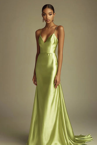 Lemon Green Satin Sheath Spaghetti Straps Long Prom Dress