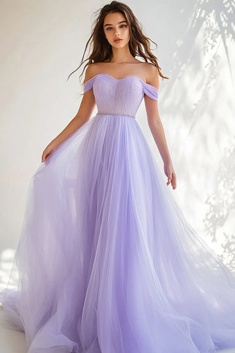 Lilac Tulle Beaded Off the Shoulder Ball Gown Long Prom Dress