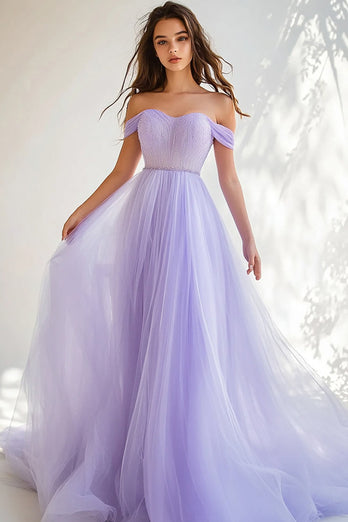 Lilac Tulle Beaded Off the Shoulder Ball Gown Long Prom Dress