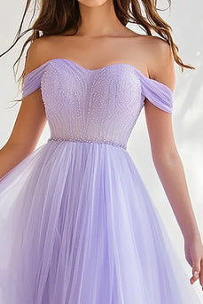 Lilac Tulle Beaded Off the Shoulder Ball Gown Long Prom Dress