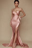 Load image into Gallery viewer, Satin Pink Strapless Ruched Mermaid Long Prom Dress with Slit