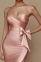 Load image into Gallery viewer, Satin Pink Strapless Ruched Mermaid Long Prom Dress with Slit