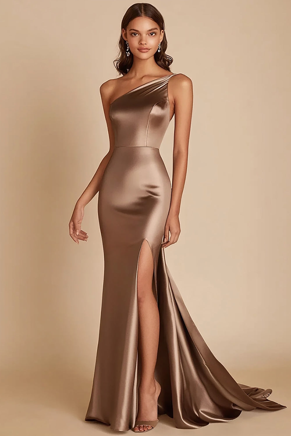 Coffee Satin Mermaid One Shoulder Long Prom Dress with Slit