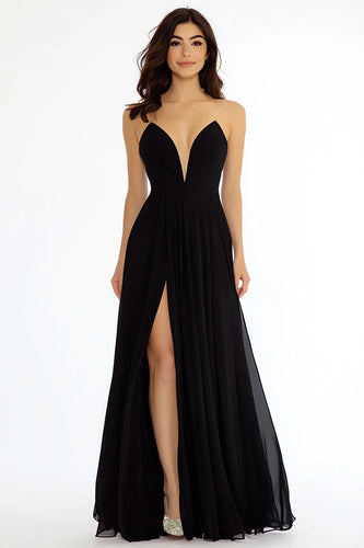 Black A Line Strapless Long Prom Dress with Slit