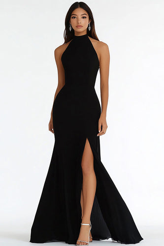 Black High Neck Mermaid Long Prom Dress with Slit