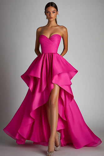 Fuchsia Satin Pleated Ball Gown High Low Prom Dress with Ruffles