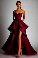 Load image into Gallery viewer, Fuchsia Satin Pleated Ball Gown High Low Prom Dress with Ruffles