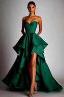 Load image into Gallery viewer, Fuchsia Satin Pleated Ball Gown High Low Prom Dress with Ruffles