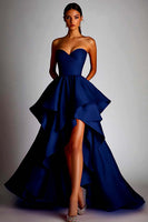 Load image into Gallery viewer, Fuchsia Satin Pleated Ball Gown High Low Prom Dress with Ruffles