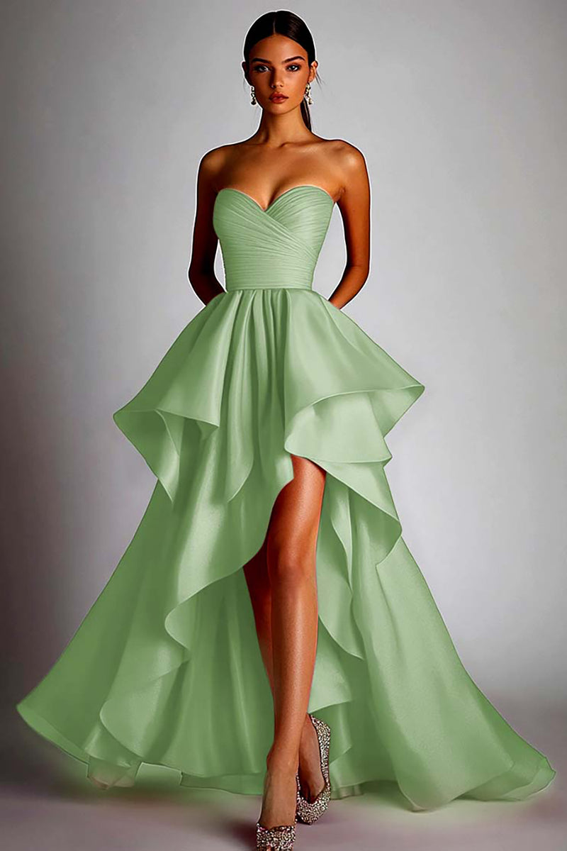 Load image into Gallery viewer, Fuchsia Satin Pleated Ball Gown High Low Prom Dress with Ruffles