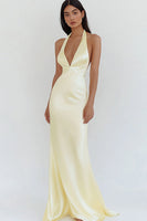 Load image into Gallery viewer, Women Daffodil Satin Maxi Prom Dress Sheath Halter V Neck Formal Dress