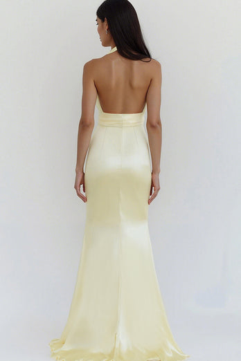 Daffodil Satin Sheath Halter Maxi Formal Dress
