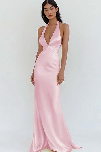 Daffodil Satin Sheath Halter Maxi Formal Dress