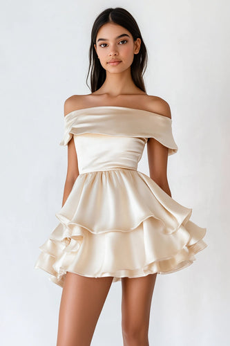 Champagne Satin Short A Line Graduation Dress with Ruffles