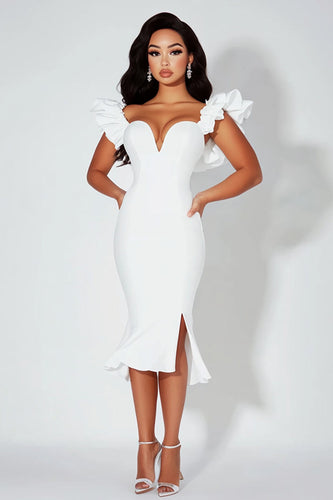 White Midi Satin Bodycon Graduation Dress with Ruffles