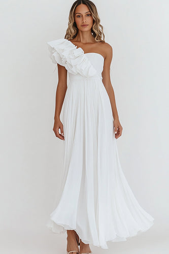 White Chiffon One Shoulder A Line Engagement Dress with Ruffles