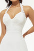 Load image into Gallery viewer, White Satin Short Halter A Line Graduation Dress with Ruffles