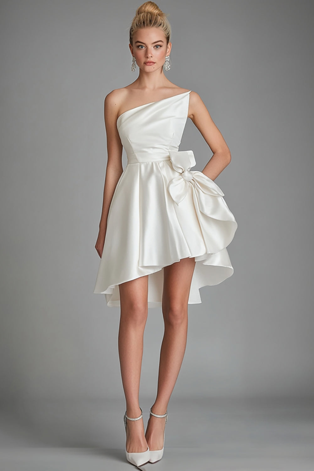 Ivory Satin One Shoulder A Line Graduation Dress with Bow