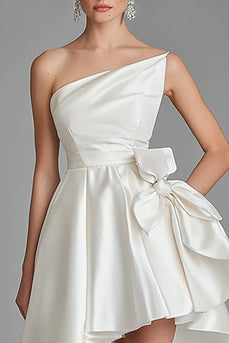 Ivory Satin One Shoulder A Line Graduation Dress with Bow