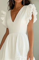Load image into Gallery viewer, White Satin Short V-Neck A Line Graduation Dress with Ruffles