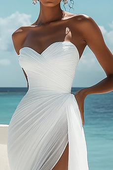 White Tulle Sweetheart Boho Maxi Dress with Slit