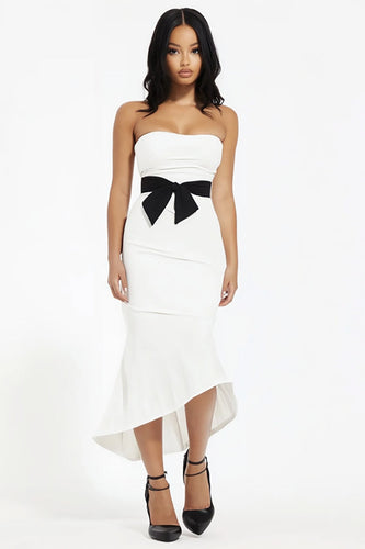 White Satin Sweetheart Mermaid Engagement Dress with Bow
