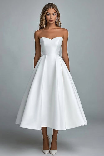 White Satin Sweetheart Midi A Line Engagement Dress