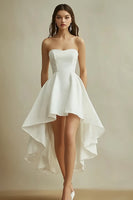 Load image into Gallery viewer, Women White Satin Asymmetrical Birdal Shower Dress Strapless A Line Little White Dress
