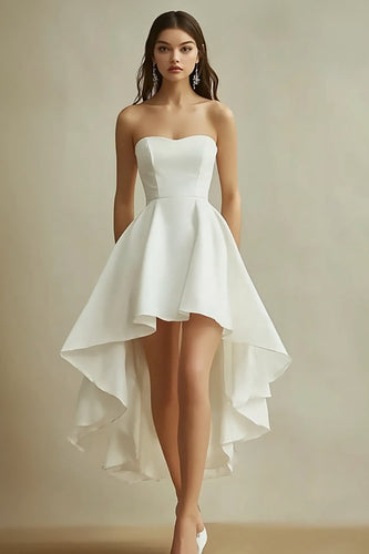 White Satin Strapless Asymmetrical A Line Graduation Dress