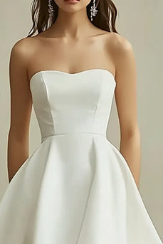 White Satin Strapless Asymmetrical A Line Graduation Dress